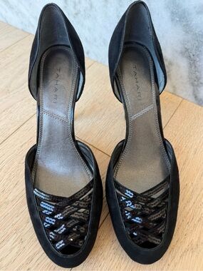 Tahari Black Suede Sequin Heels Leather Sole Vintage Designer Luxury Classic